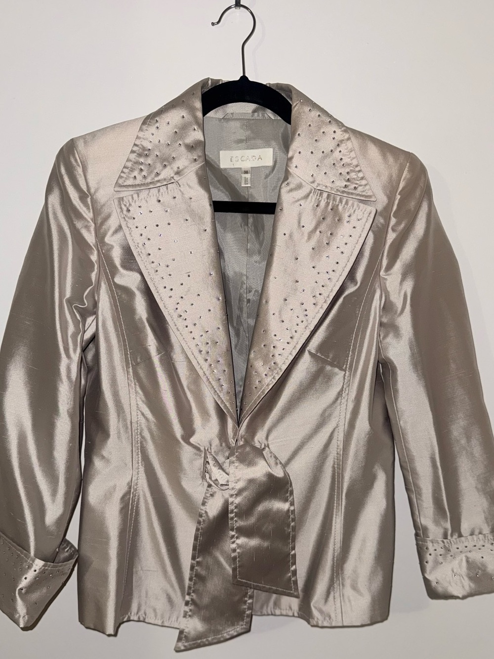 Escada Silver Satin Rhinestone-Trimmed Tie-Front Blazer